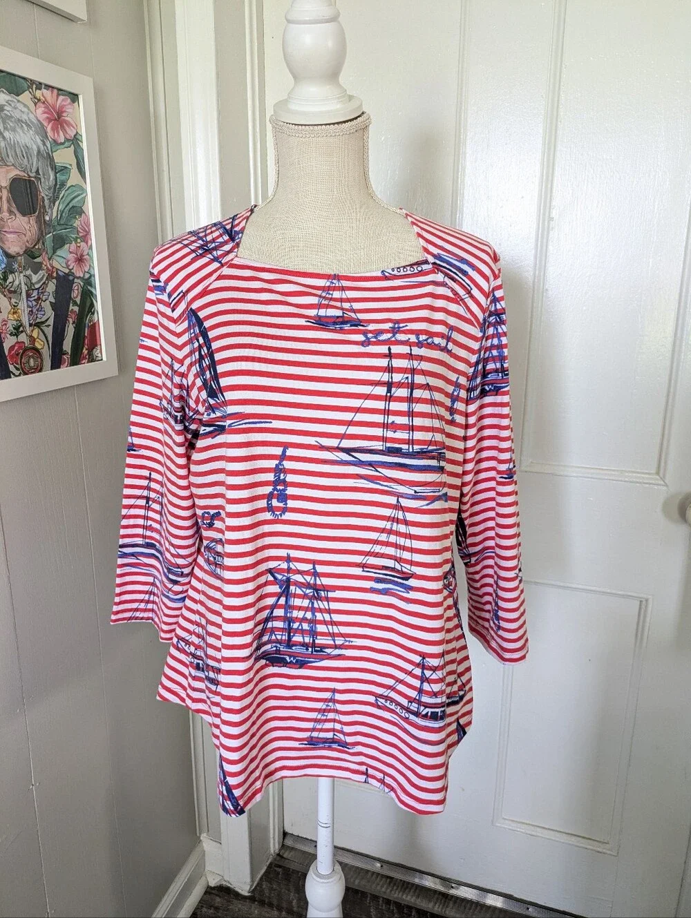 Red White Striped Nautical Top Sailing Coastal Embroidered Size L